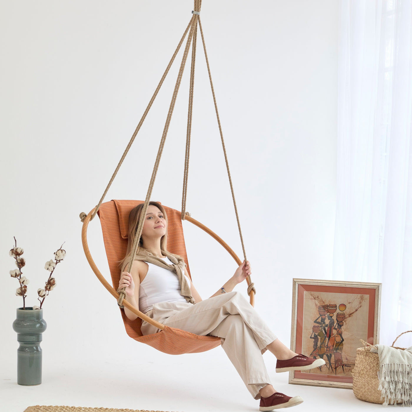 Teak-Rahmen Canvas Hängesessel (Ø 100 cm) -Braun — 3