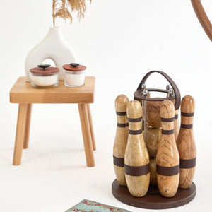 Holz Bowling Set mit Leder-Details - dekoratives Luxus Bowling Spiel Set (Indoor/Outdoor) – 2