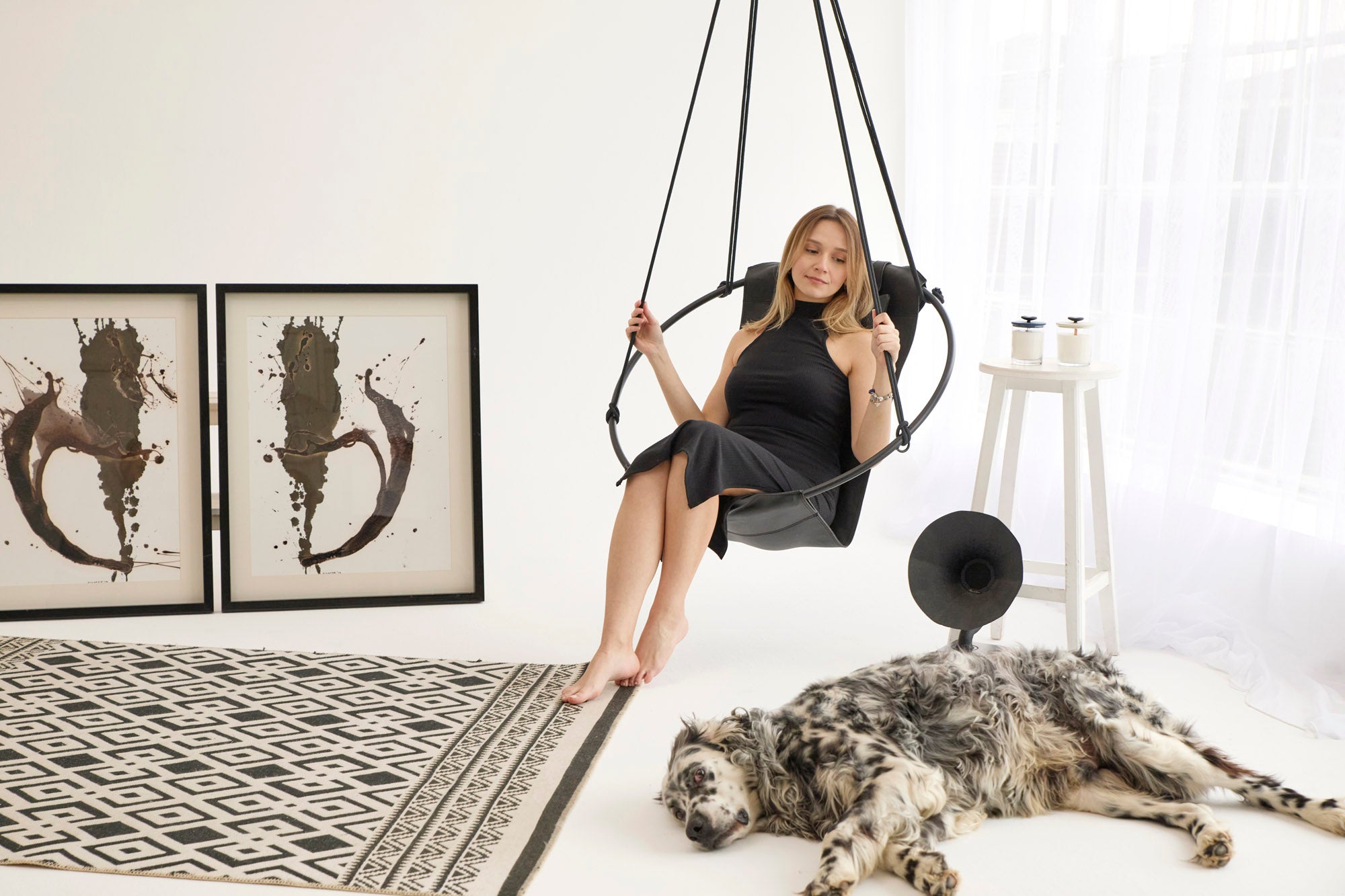 Extra Premium Echtleder Hängesessel Schwarz