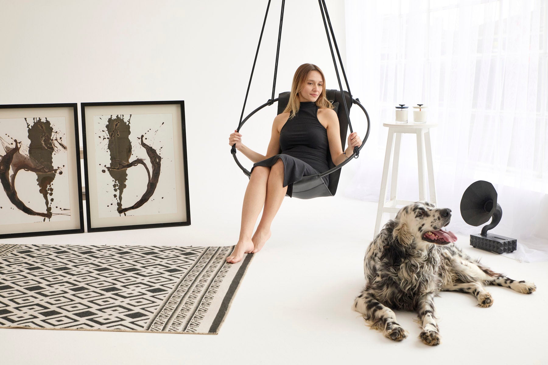 Extra Premium Echtleder Hängesessel Schwarz