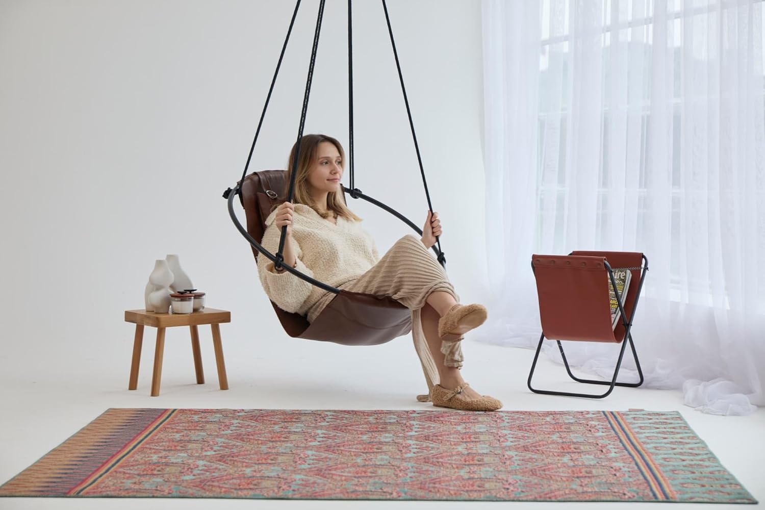 Runder Hängesessel aus Kunstleder (Ø 86 cm) – Indoor & überdachte Außenbereiche - Braun