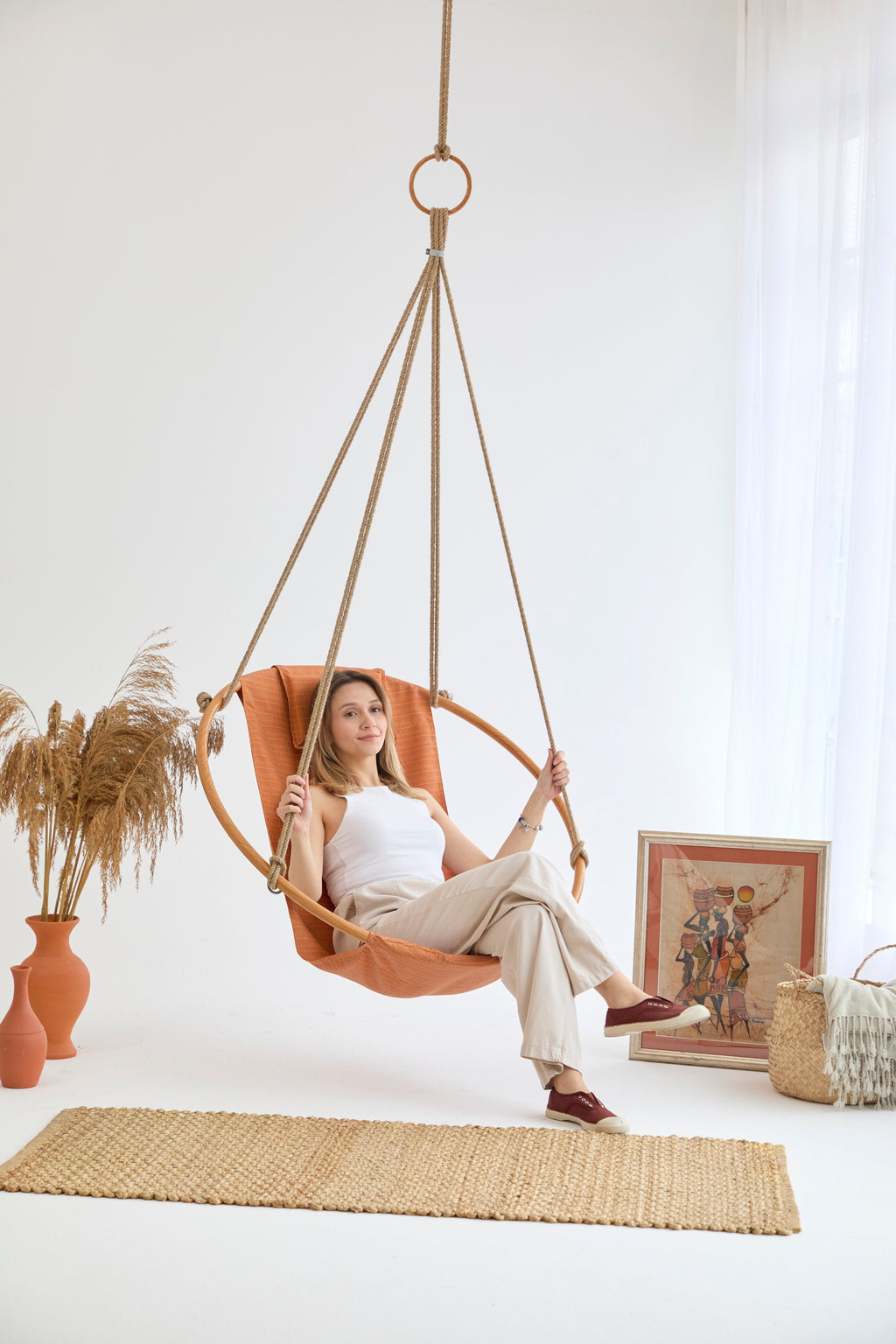 Teak-Rahmen Canvas Hängesessel (Ø 100 cm) -Braun