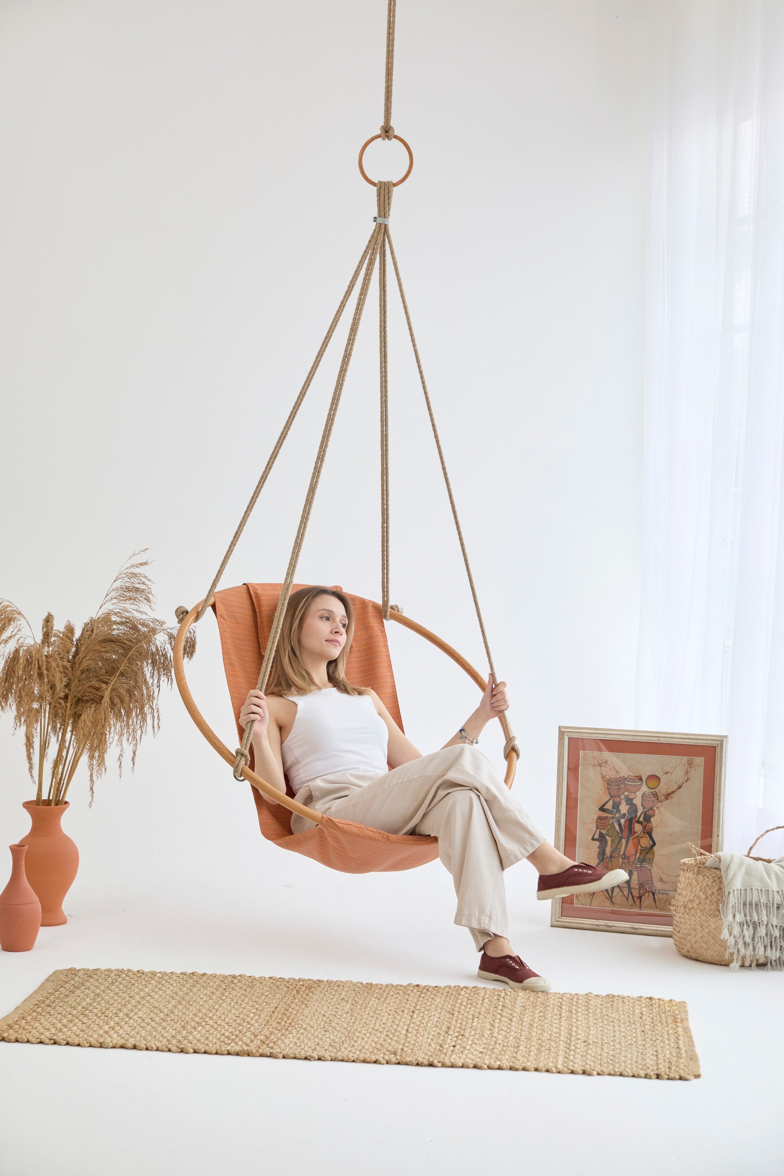 Teak-Rahmen Canvas Hängesessel (Ø 100 cm) -Braun