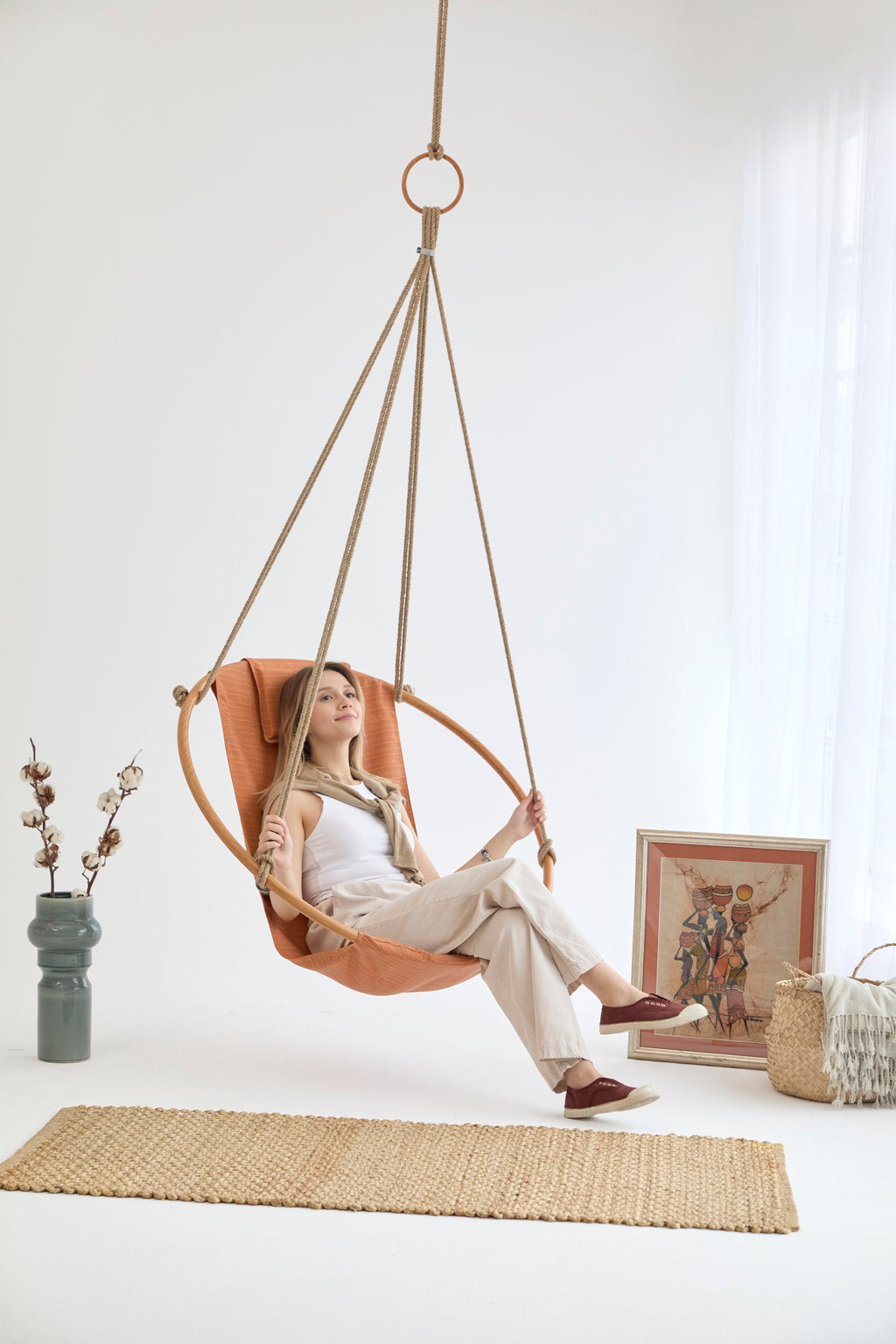 Teak-Rahmen Canvas Hängesessel (Ø 100 cm) -Braun