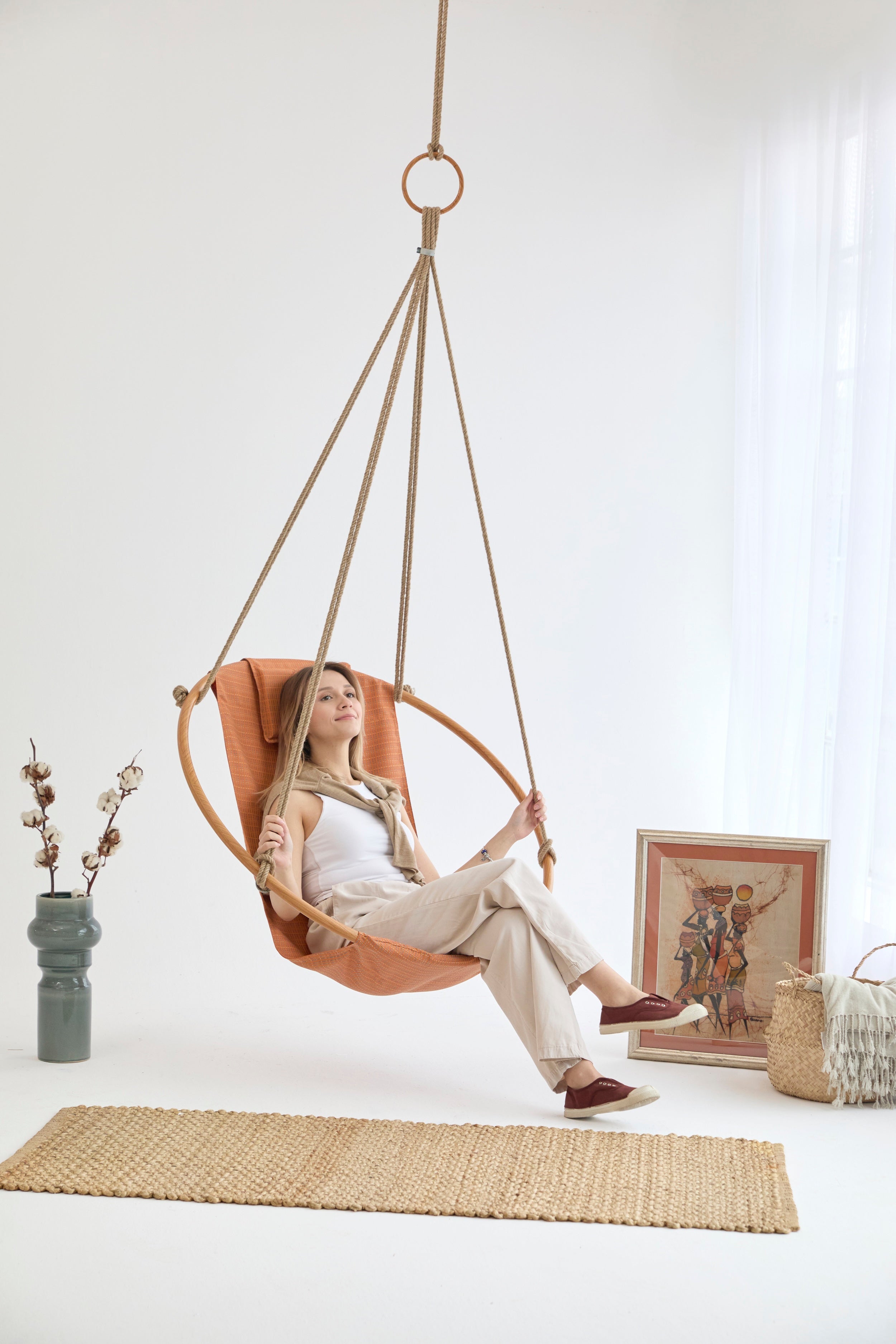 Teak-Rahmen Canvas Hängesessel (Ø 100 cm) -Braun