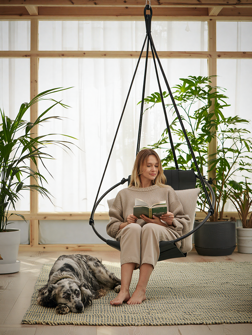 Runder Hängesessel aus Kunstleder (Ø 86 cm) – Indoor & überdachte Außenbereiche - Schwarz